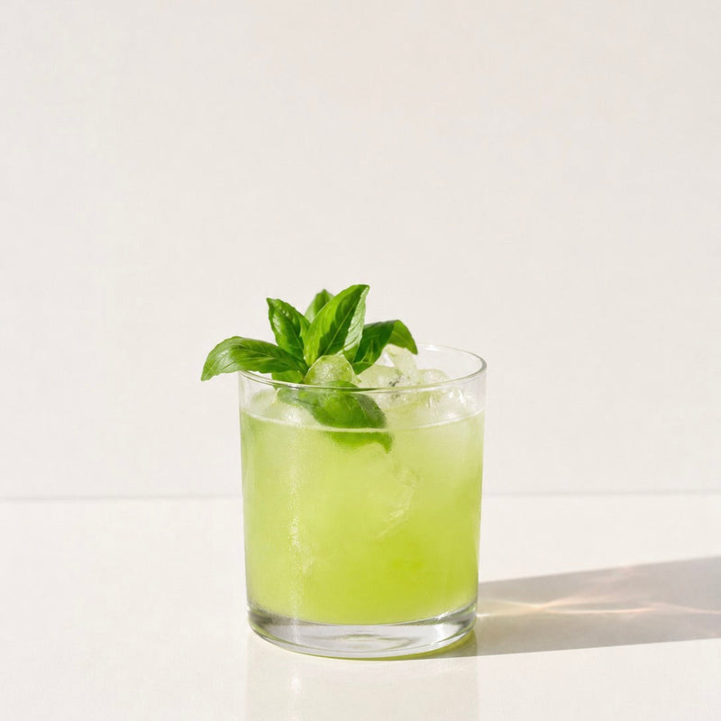 a glass with a pastel green drink in it and some basil on top