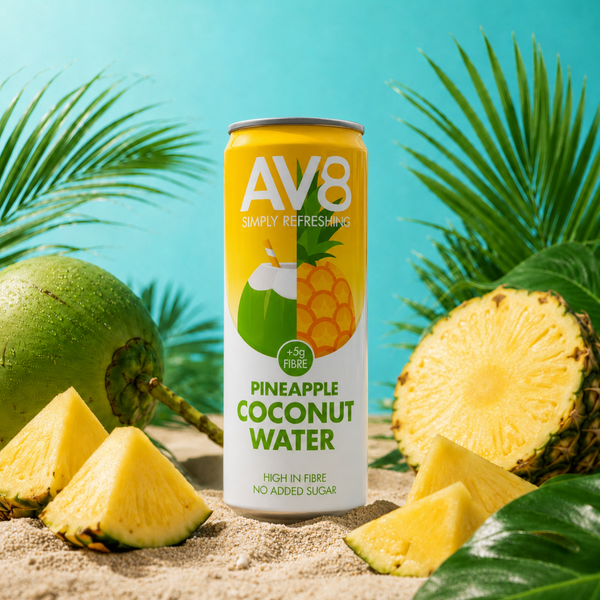 AV8 Ananas Kokoswasser 330ml Dose – tropisches Kokoswasser, High in Fibre, Ballaststoffreich, kein Zuckerzusatz