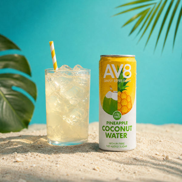 AV8 Ananas Kokoswasser in ein Glas mit Eis gegossen – tropisches, ballaststoffreiches Erfrischungsgetränk ohne Zuckerzusatz