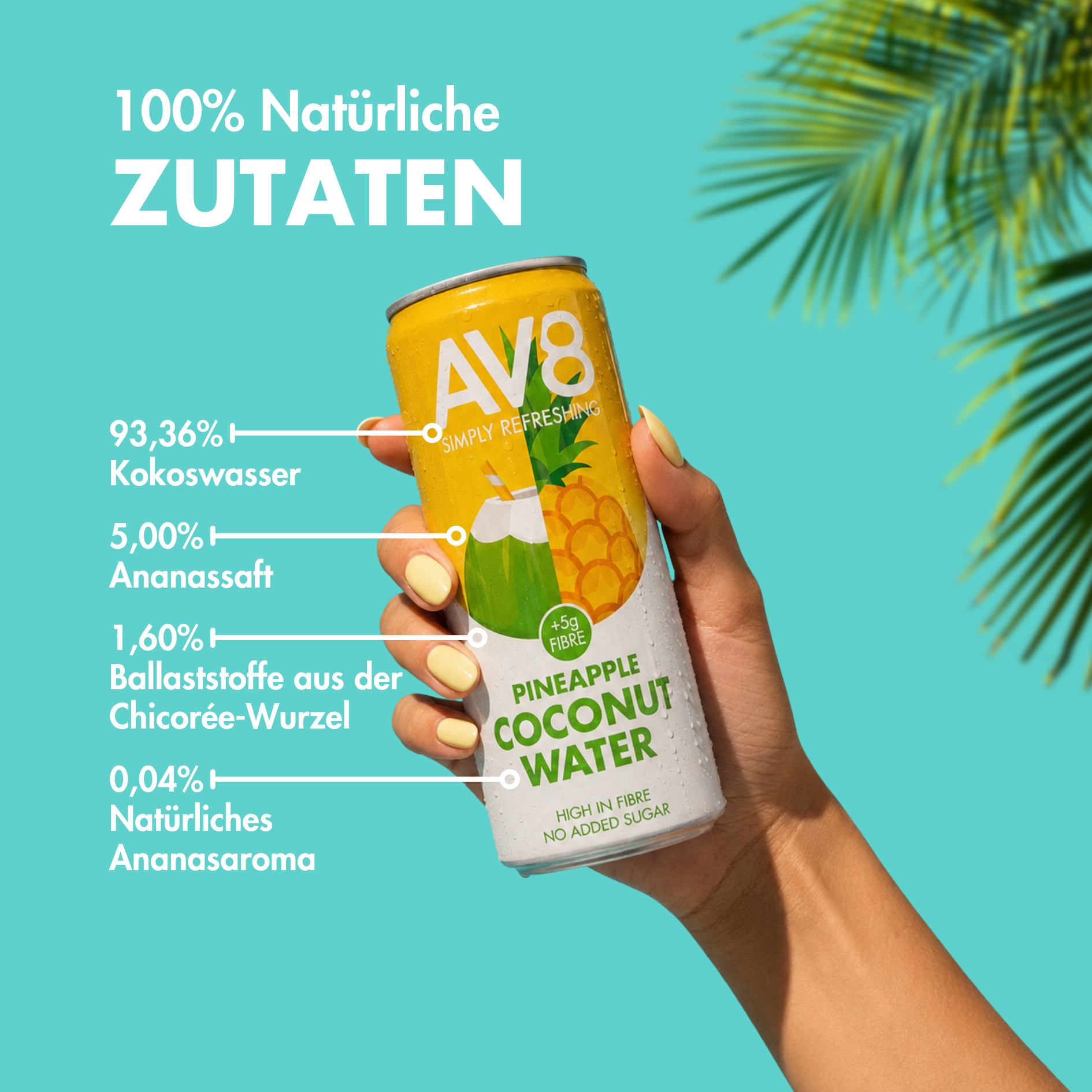 AV8 Ananas Kokoswasser Inhaltsstoffe – 100% natürliche Zutaten, Ananas, 5g Ballaststoffe, kein Zuckerzusatz, nicht aus Konzentrat