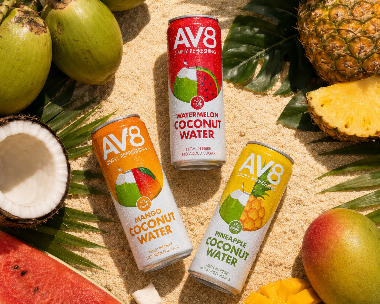 AV8 Kokoswasser Ballaststoffreich (High in Fibre) – Mango, Wassermelone und Ananas Kokoswasser mit je 5g Ballaststoffen, 100% natürlich, kein Zuckerzusatz – aus Köln