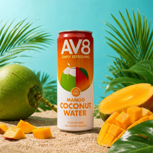 AV8 Mango Kokoswasser 330ml Dose – fruchtiges Kokoswasser, High in Fibre, Ballaststoffreich, kein Zuckerzusatz