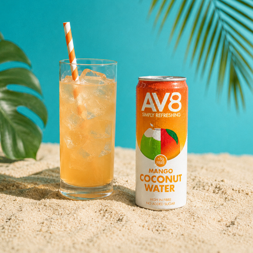 AV8 Mango Kokoswasser in ein Glas mit Eis gegossen – fruchtiges, ballaststoffreiches Erfrischungsgetränk ohne Zuckerzusatz