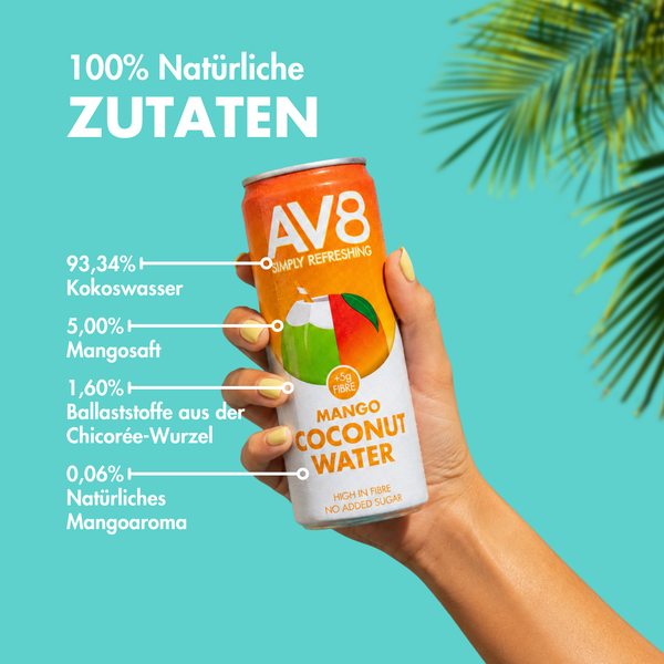 AV8 Mango Kokoswasser Inhaltsstoffe – 100% natürliche Zutaten, Mango, 5g Ballaststoffe, kein Zuckerzusatz, nicht aus Konzentrat