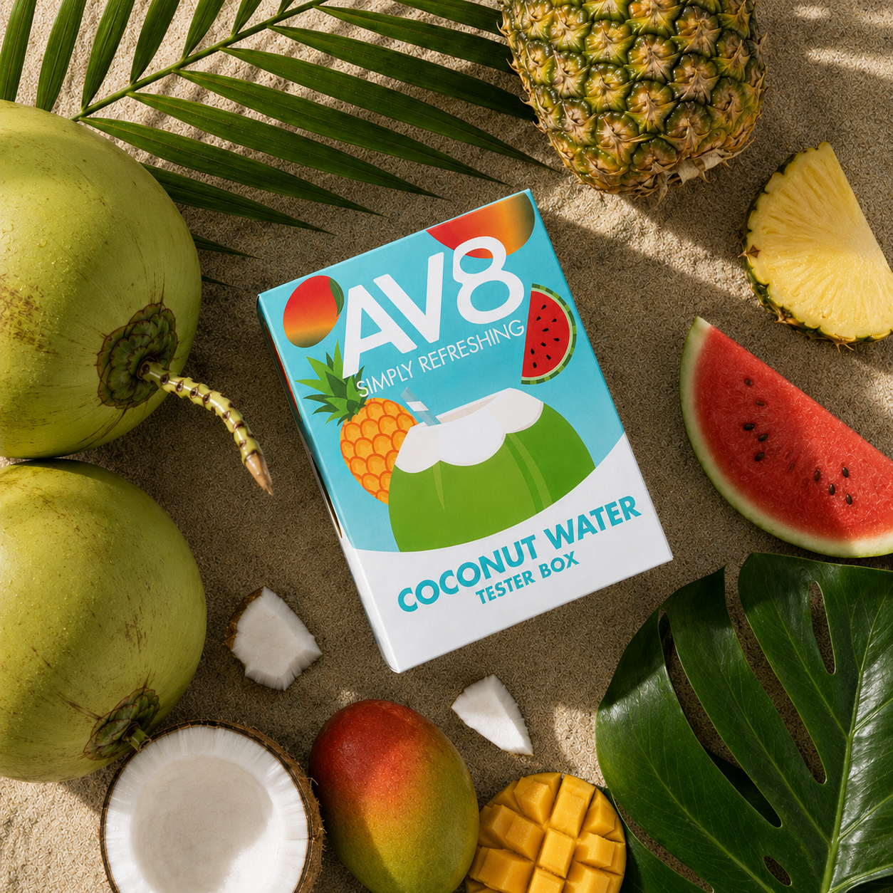 AV8 Tester Box – Kokoswasser Probierpaket mit allen vier Sorten in der Dose: Pur, Mango, Wassermelone, Ananas – Kokoswasser kaufen Deutschland, Versand aus Köln
