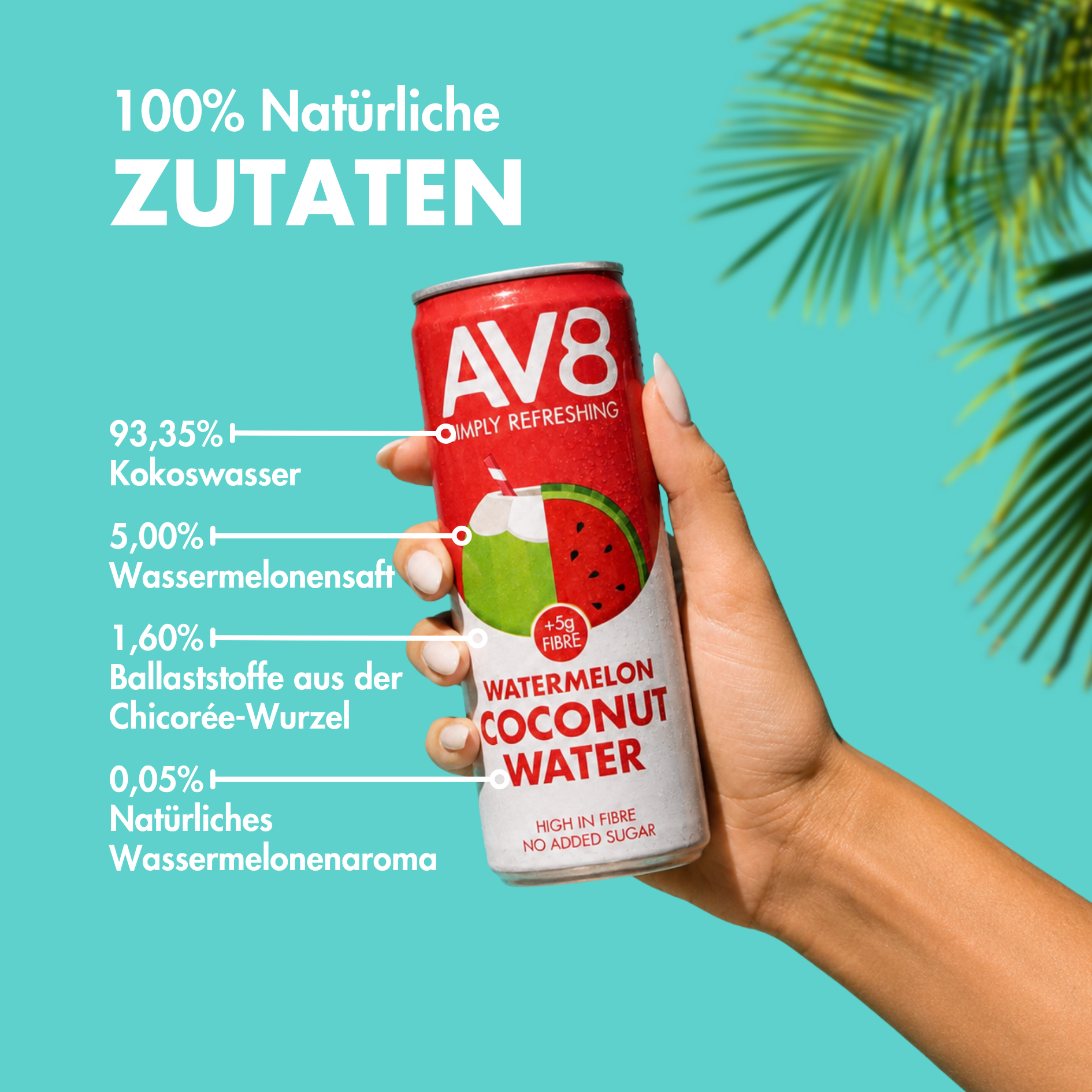 AV8 Wassermelone Kokoswasser Inhaltsstoffe – 100% natürliche Zutaten, Wassermelone, 5g Ballaststoffe, kein Zuckerzusatz